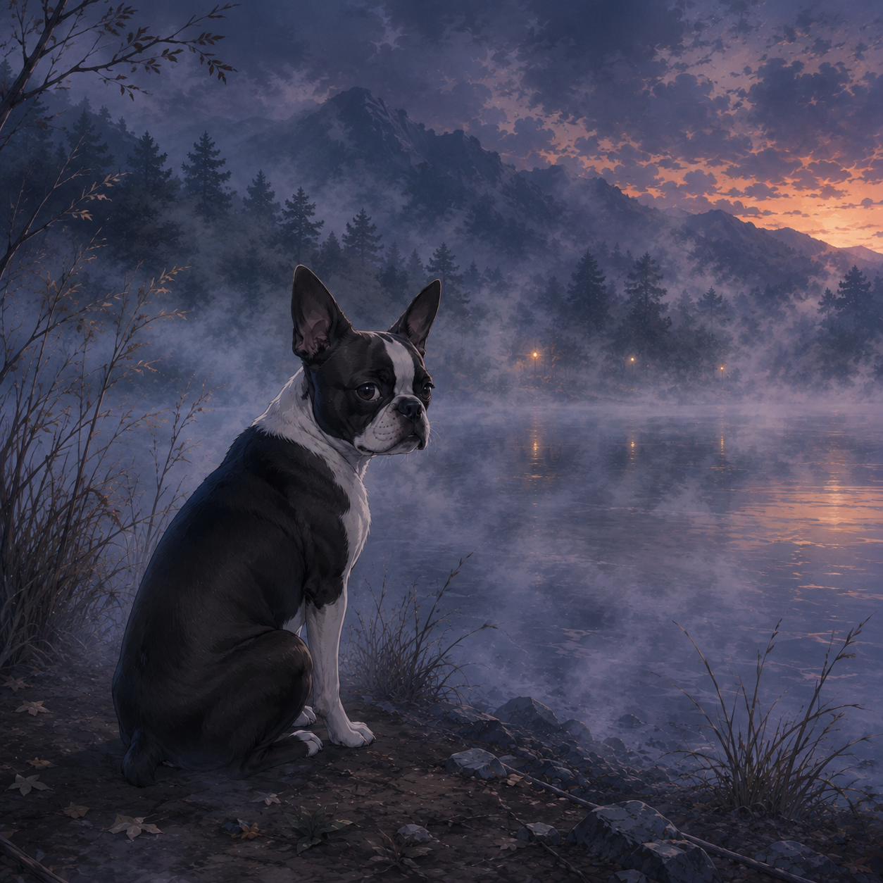 Joe, a Boston Terrier, sitting beside the fog-covered lake
